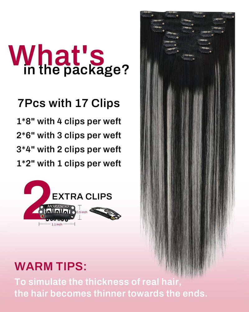 Moresoo Silver Grey Hair Extensions Real Human Hair Clip ins Balayage Natural Black to Silver Clip in Hair Extensions for Volume Remy Human Hair Long Straight Can Be Curled Full Head 120g/7pcs 18in - Image 3